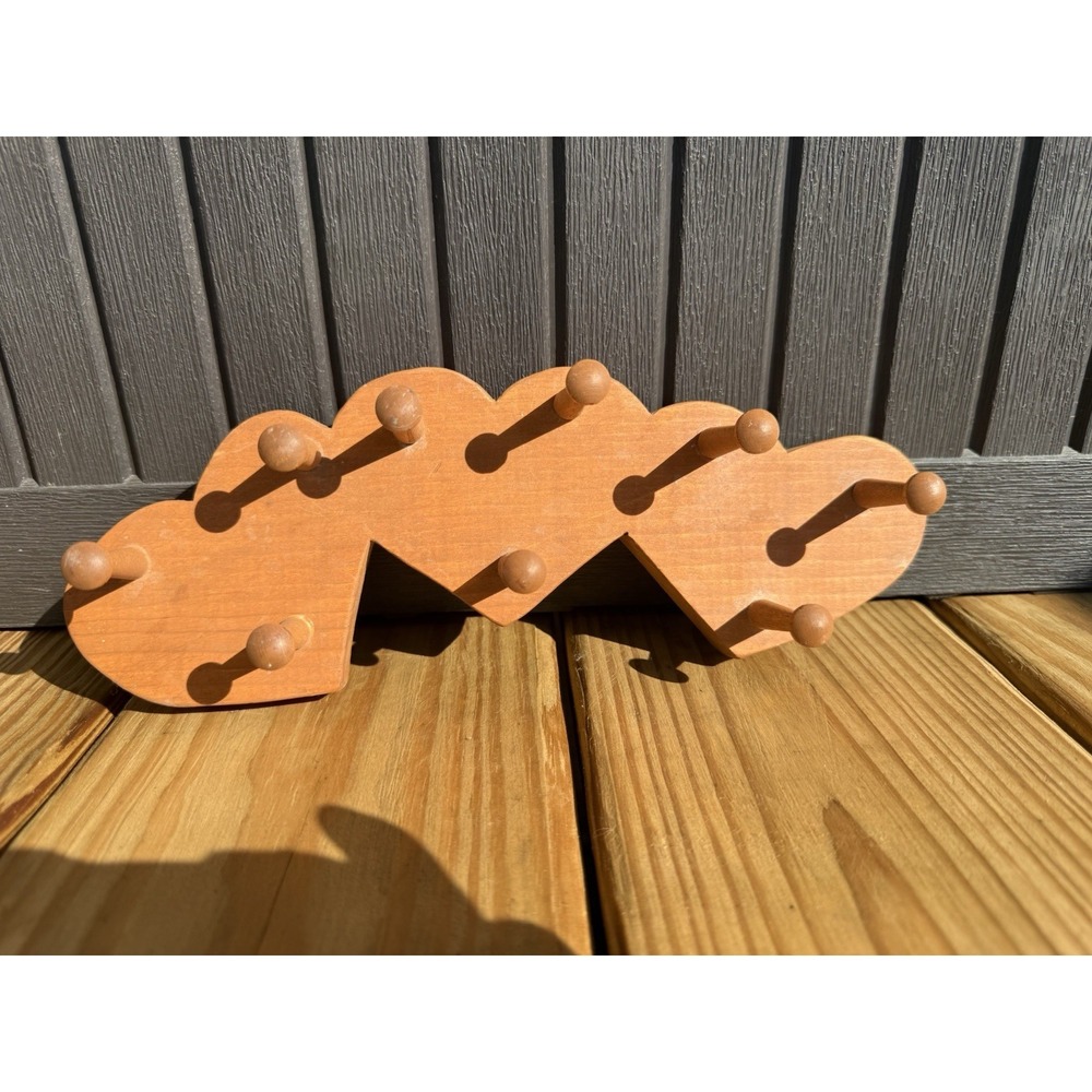 Wooden Heart Cutout Wall Hanging Coat Rack 8 Pegs Cottage Core 10" Vintage